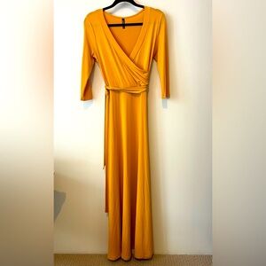 Yellow V-Neck Wrap Maxi Dress with Tie Front